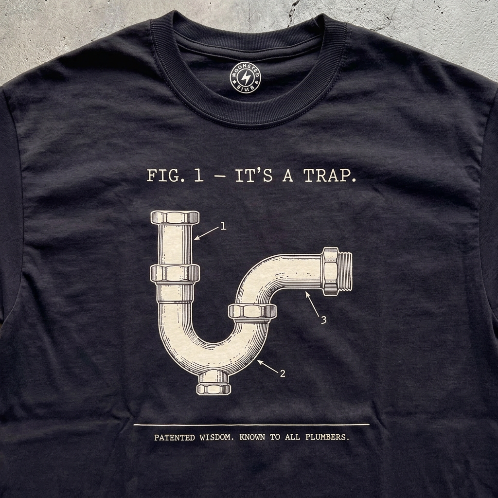 Close-up of black It's a Trap T-shirt chest design