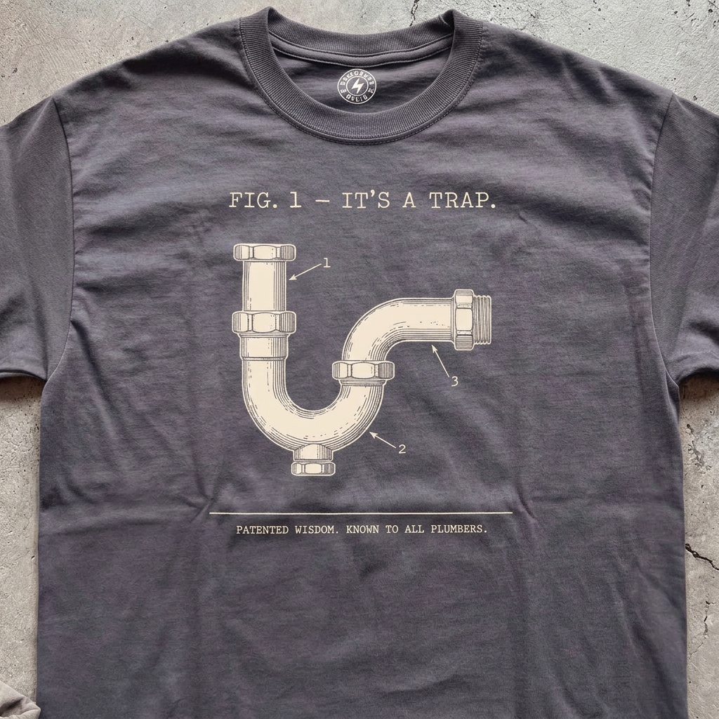 Close-up of dark heather It's a Trap T-shirt chest design