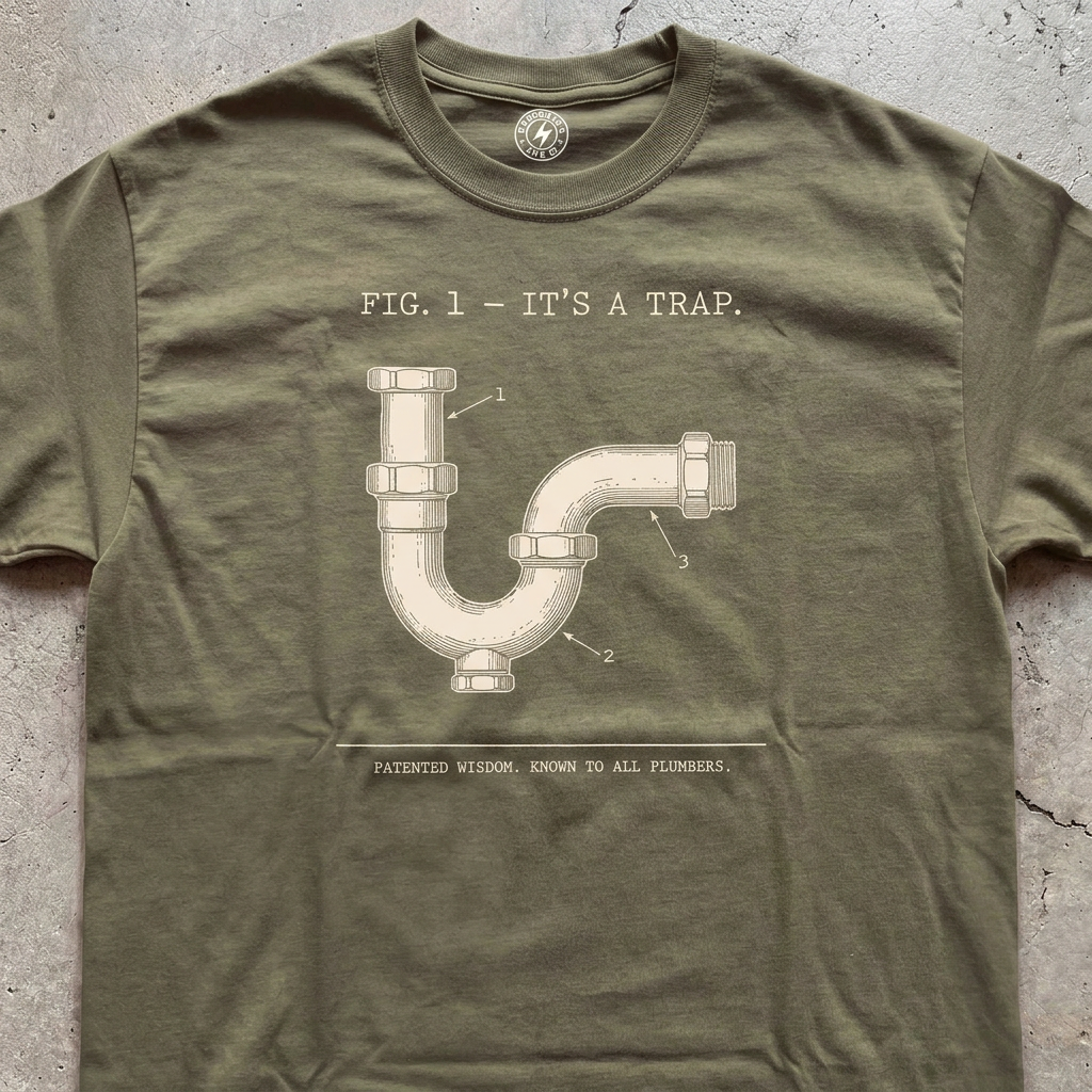 Close-up of military green It's a Trap T-shirt chest design